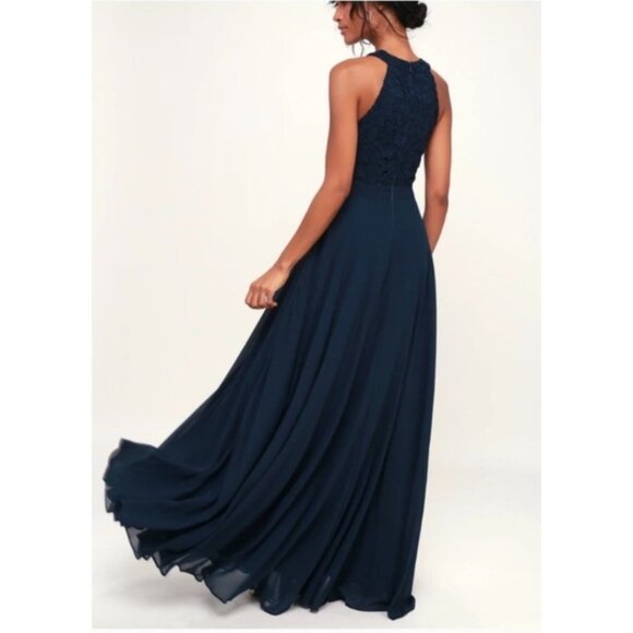 Lulus Crochet Halter Lace Maxi Dress Wedding Prom Formal Size Small Navy Blue - Picture 3 of 9